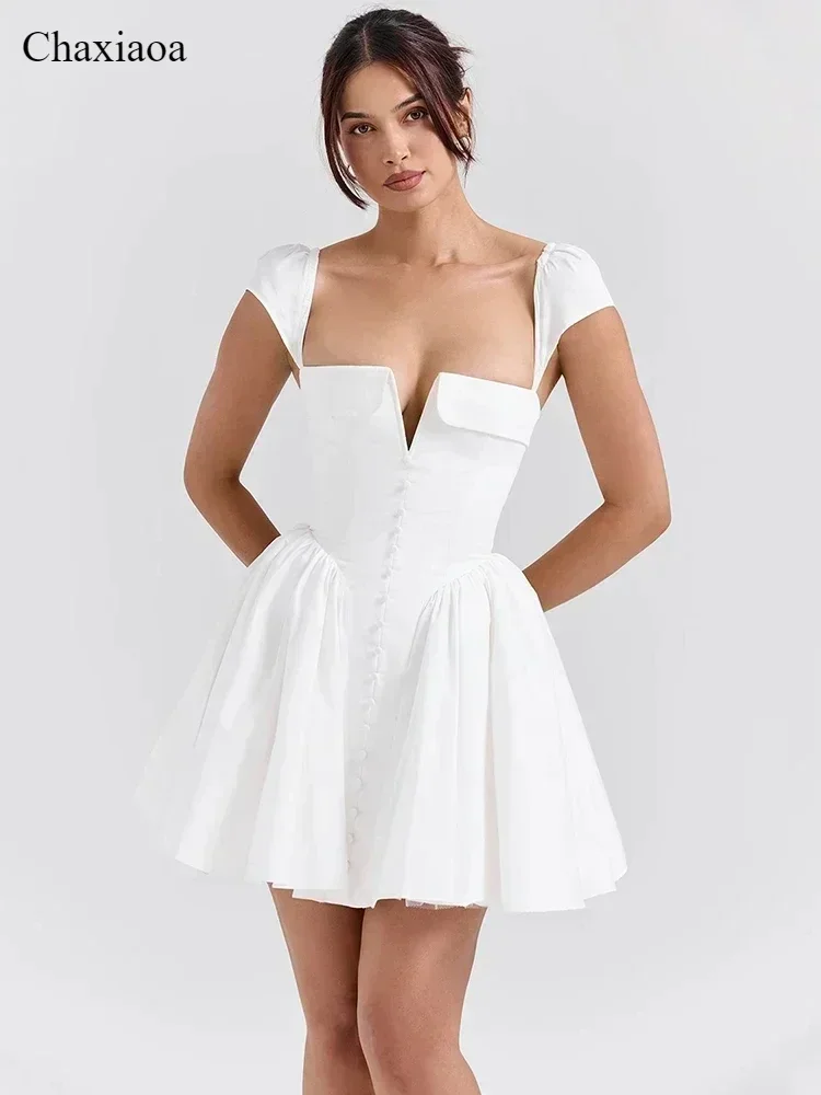 

Chaxiaoa White Backless Sexy Mini Dress for Women Fashion Square Collar Short Sleeve High Waist A-line Club Party Sexy Dress