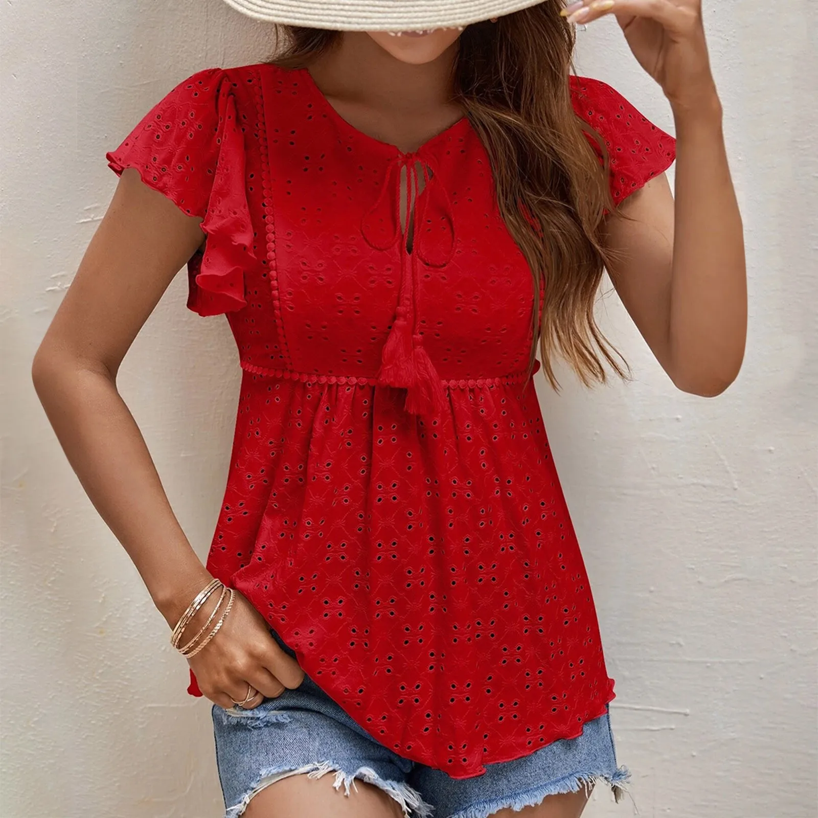 Summer Lace Short Sleeves Blouse Elegant Lady\'s Shirts Solid Color Round Neck Drawstring Slim Fit Women Shirt Hollow Out Blouses