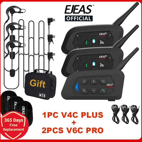 EJEAS V4C PLUS + 2 uds V6C PRO 1200M auriculares Bluetooth Full Duplex intercomunicador para conferencias de fútbol 3 auriculares intercomunicadores para árbitro de usuario