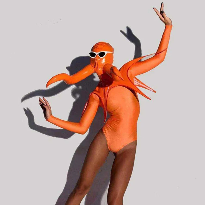 Octopus Outfit GOGO Dance Costume Female Orange Bodysuit Rave Accessories Headwear Nightclub DJ DS Wear Performance Costume