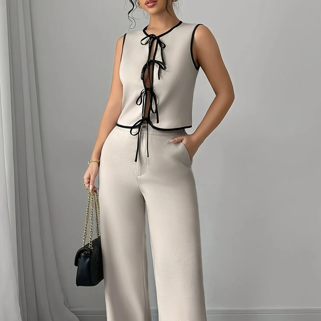 Sleeveless Lace-up Vest Solid Color Top Buttoned Wide-leg Trousers Two-piece Set Women's Office Commuting All-match Sports Suit