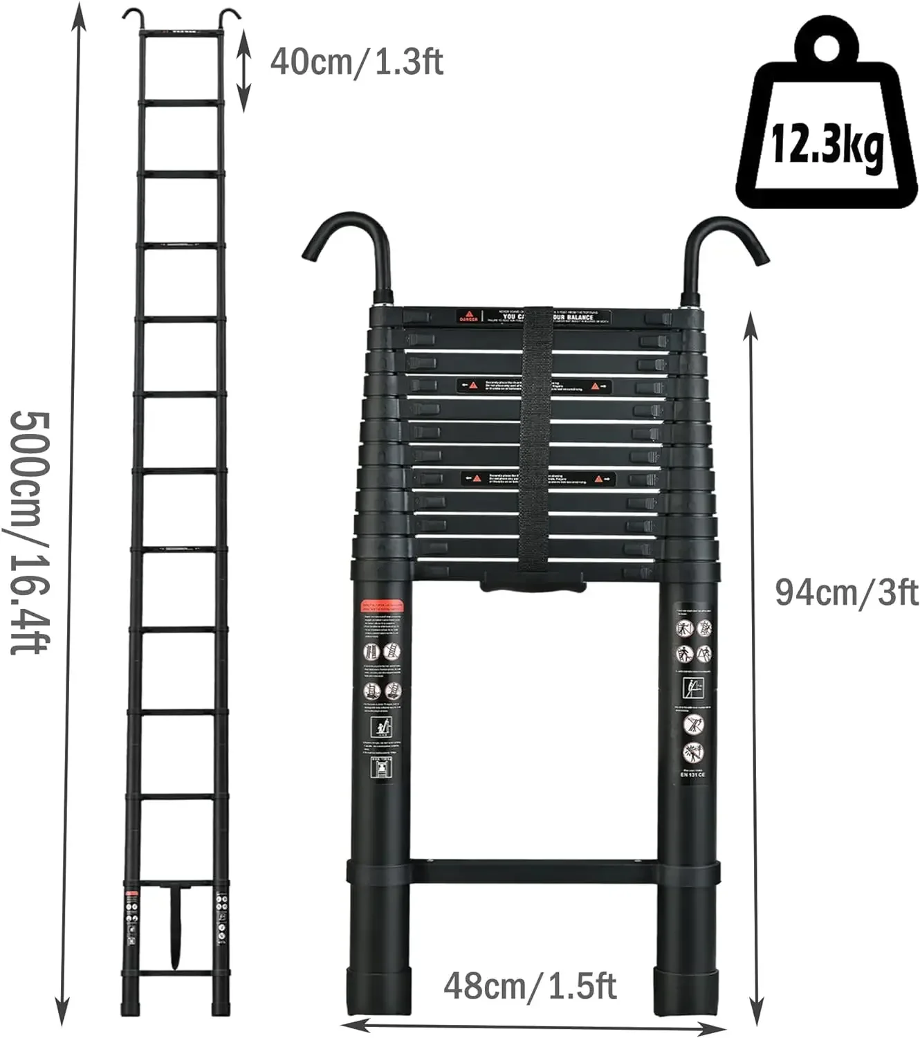 16.5 feet 5-meter telescopic staircase with detachable hooks, foldable aluminum extension staircase