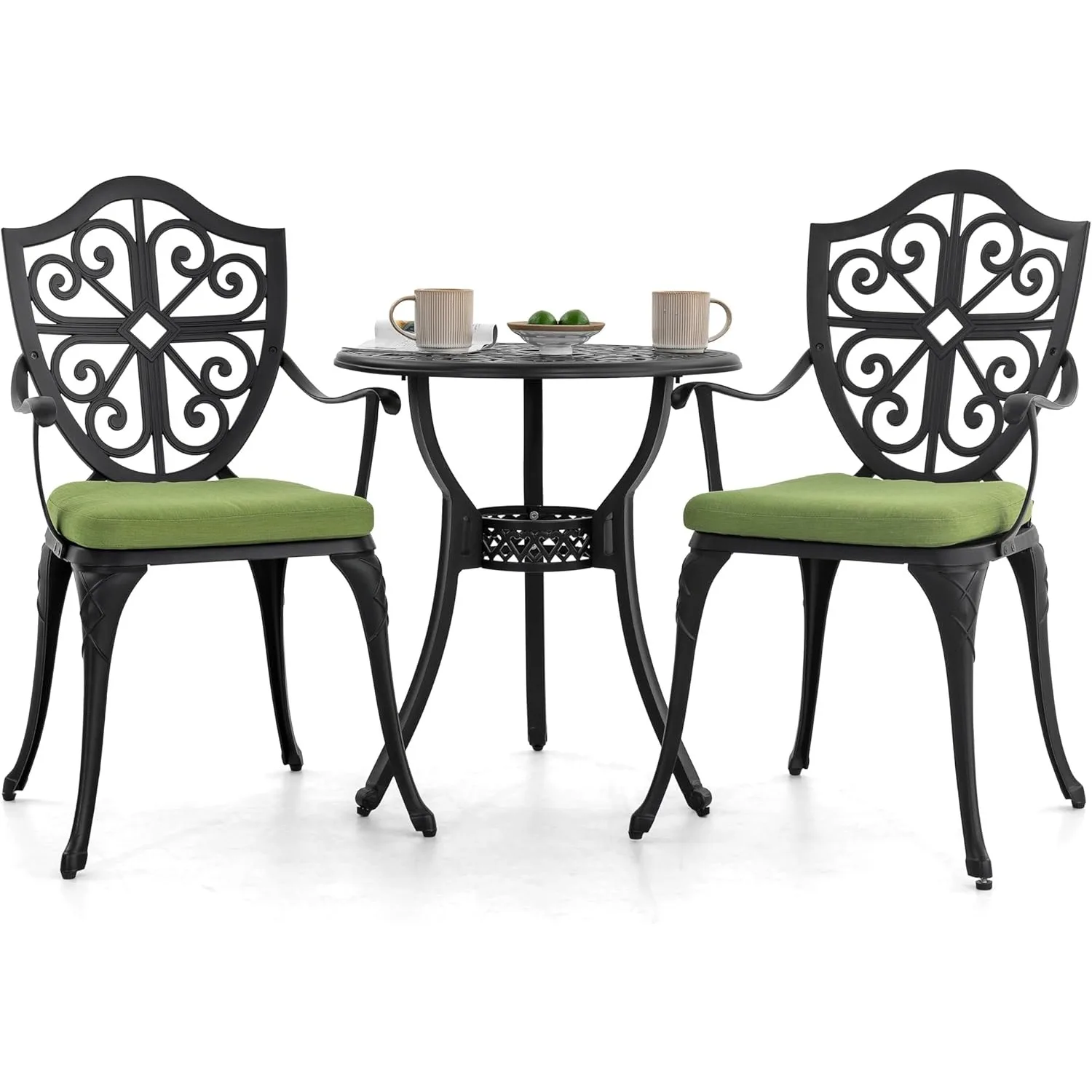 

Bistro Set 3 Piece Outdoor, Cast Aluminum Patio Bistro Sets with Umbrella Hole and Green Cushions, Bistro Table, Black