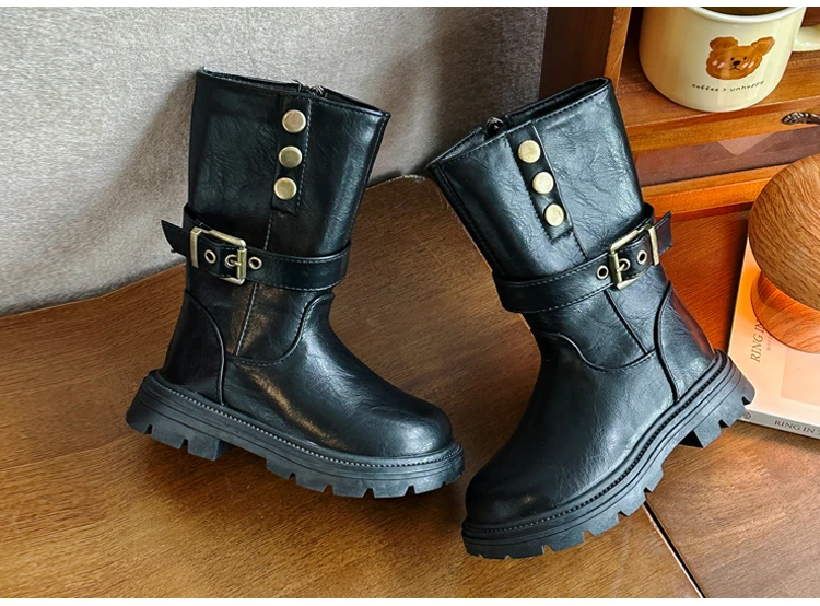 Kinder-Langstiefel, halbhohe modische Mädchen-Lederstiefel, runde Zehen, vielseitig, Herbst 2026, neue Kinder-Prinzessinnenstiefel mit seitlichem Reißverschluss – Detail 4