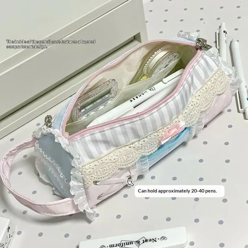 【B】1Pcs Cute Lace Pencil Case Student Large Capacity Desktop Storage Stationery Pen Bag Cute Girl Makeup Bag Gift