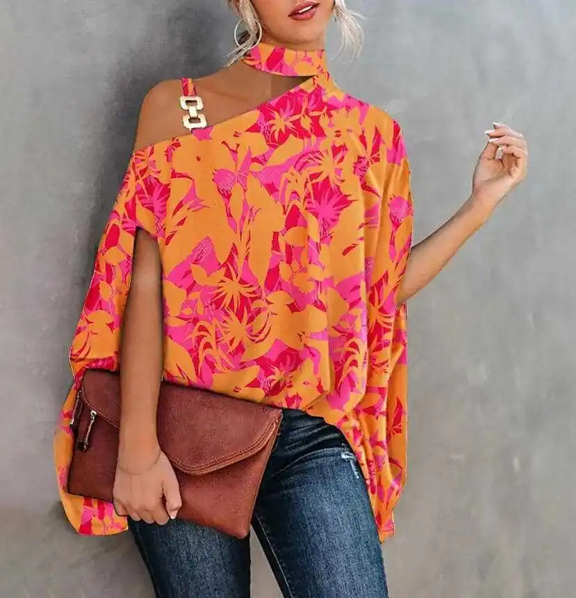 Elegant Blouse Women's Short sleeve Shirts 2024 Summer Hanging Neck Bat Sleeve Print Shirt for Women Y2K