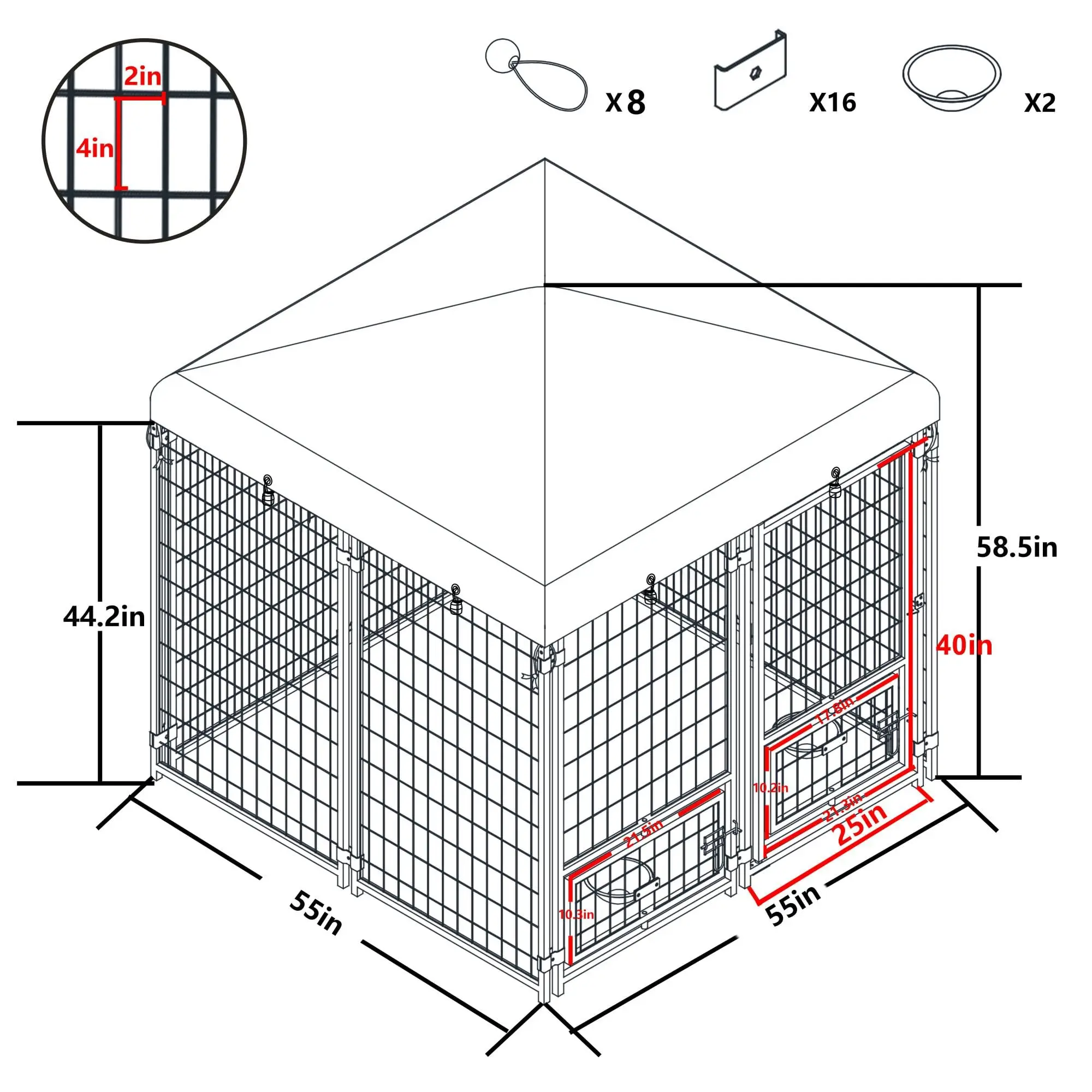 4.5x4.5 FT Metal Dog Kennel Outdoor with Roof and Rotating Feeding Doors Large Dog Enclosure Dog Playpen House Heavy Duty