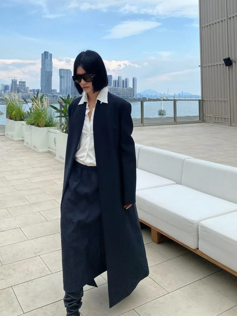 53mm Silk Wool Double-layer Heavy Crepe Minimalist Tailored Stand-up Collar Suit-style Loose Long Coat for Women