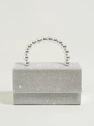 Womens Silver Bead Handle  Evening Clutch Bag Designer Glitter Rhinestone  Evening Handbag Hand Bag,Lady Party Wedding Clutch Pu