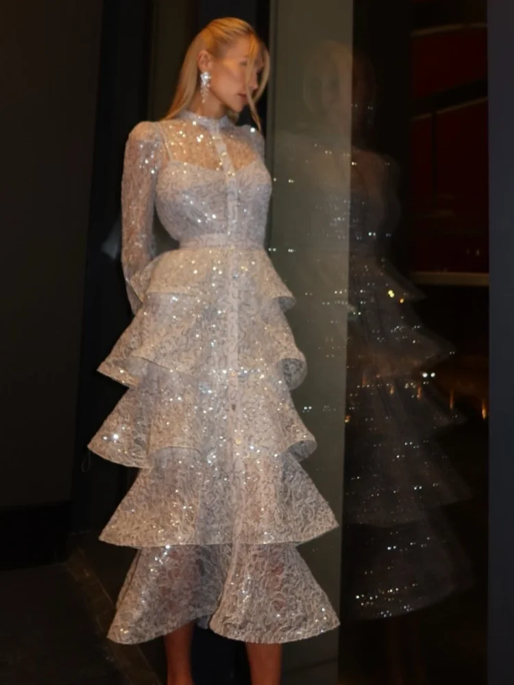 Brilhante renda retalhos único breasted em camadas vestido longo moda feminina em torno do pescoço cintura vestidos finos senhora festa vestido de noite