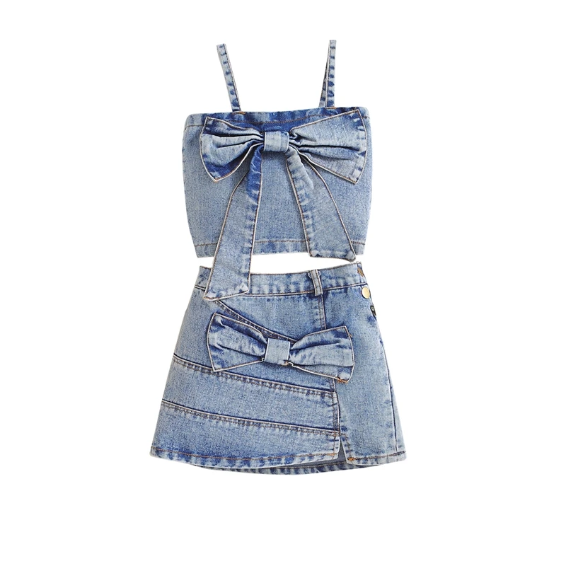 

Little Girl Denim Outfit Bow Square Neck Spaghetti Strap Tops Split Hem Skirt Summer 2 Piece Set for Toddler