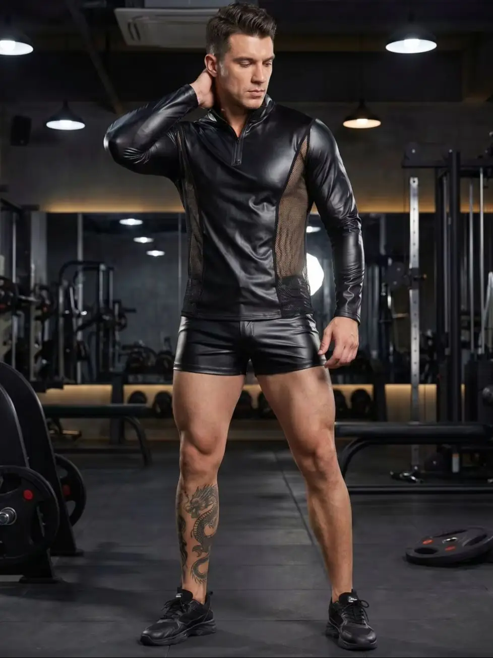 S-3XL Elastic PU Leather Mesh Patchwork Long Sleeve T Shirt Men Tights Gym Fitness Motorcycle TShirt Bodybuilding Muscle Shapers