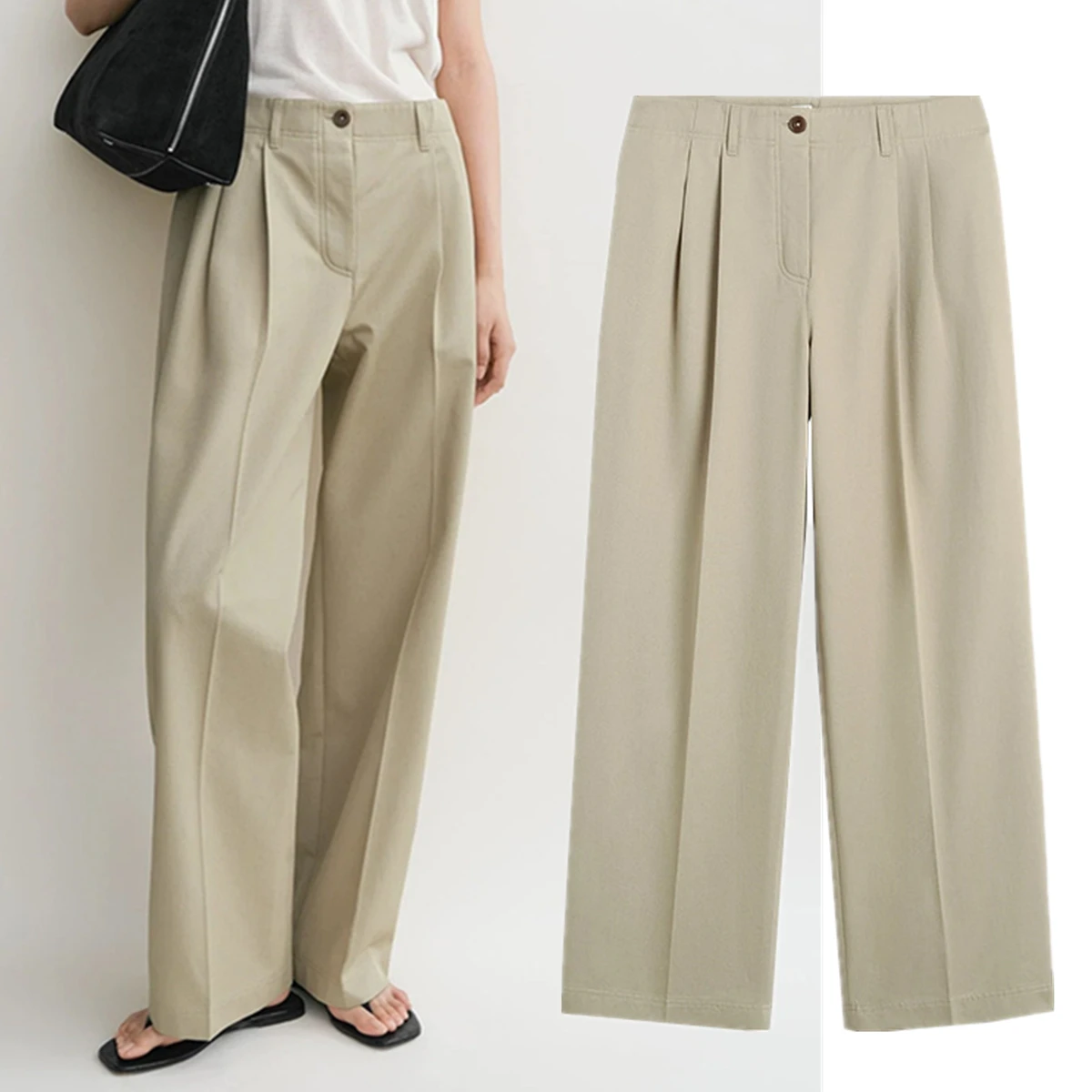 

Maxdutti Woman Clothes Organic Cotton Twill Casual Pants For Women High Waisted Pleated Design Trousers Straight Leg Pants Woman