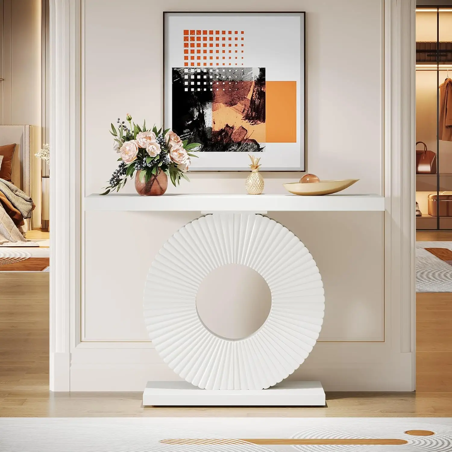 Narrow Console Table 39" Modern Geometric Base Sofa Table Small Accent Entryway Hallway Foyer Living Room White, Customized view 3