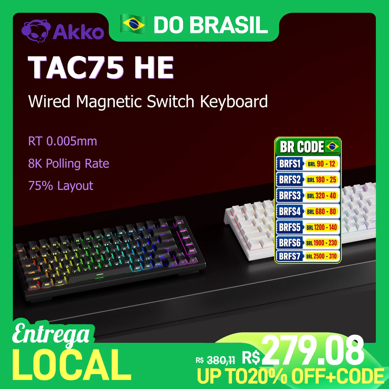 Envio do Brasil: Teclado Gamer Akko TAC75 com Switch Magnético, Rapid Trigger 0.005mm, ARGB, Taxa de Polling 8K, Layout 75% com Fio