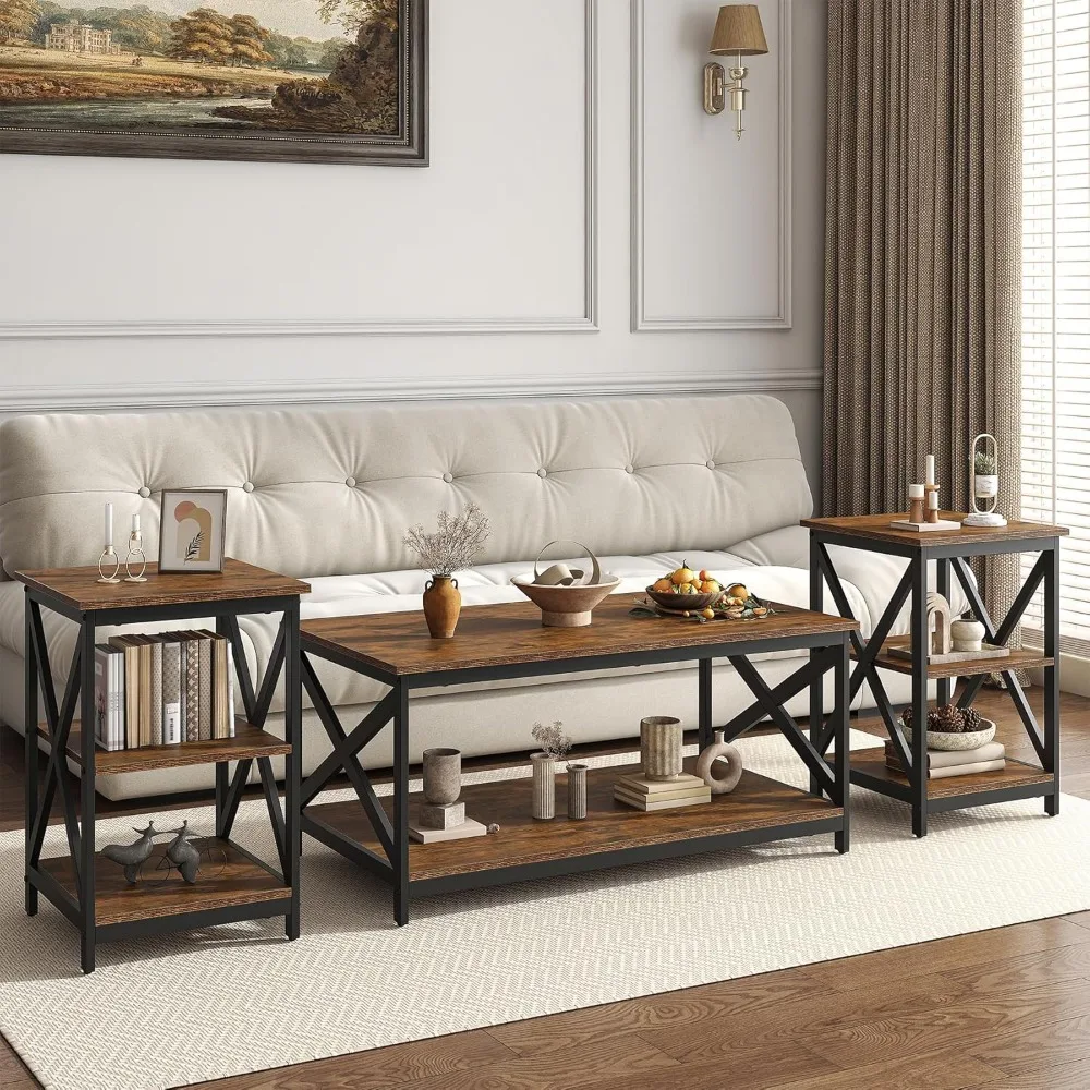Industrial Style 3-Piece Living Room Coffee Table Set with X-Design and Two Side Tables
