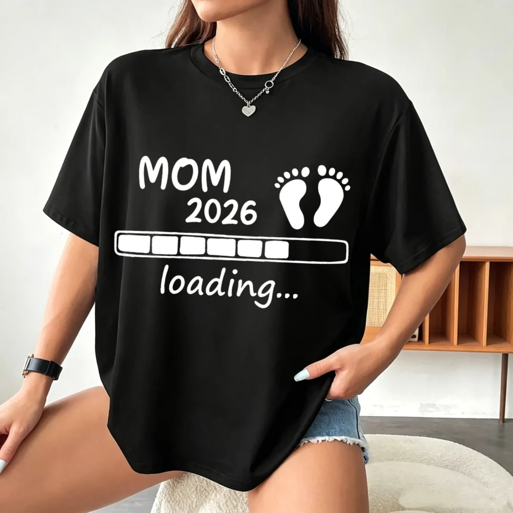 Ladies MOM Loading Bar Footprint Graphic Print T‑Shirt Sweet Expectation Letter Design Crew Neck Casual Daily Women Top