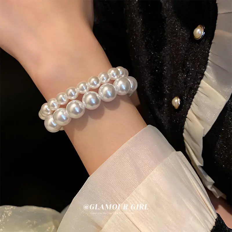 Elegant White Faux Pearls Beaded Bracelets for Women Adjustable Elastic Rope Bracelet French Luxury Hands Jewelry Accessories