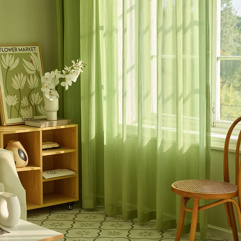 Custom Size Green Fresh and Romantic Living Room Bay Window Curtains Transparent and Impermeable Tulle Curtains Bedroom