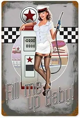 Tin Sign Vintage Chic Art Decoration Poster 50's Gas Pump Girl for Store Bar Home Cafe Farm Garage or Club 12
