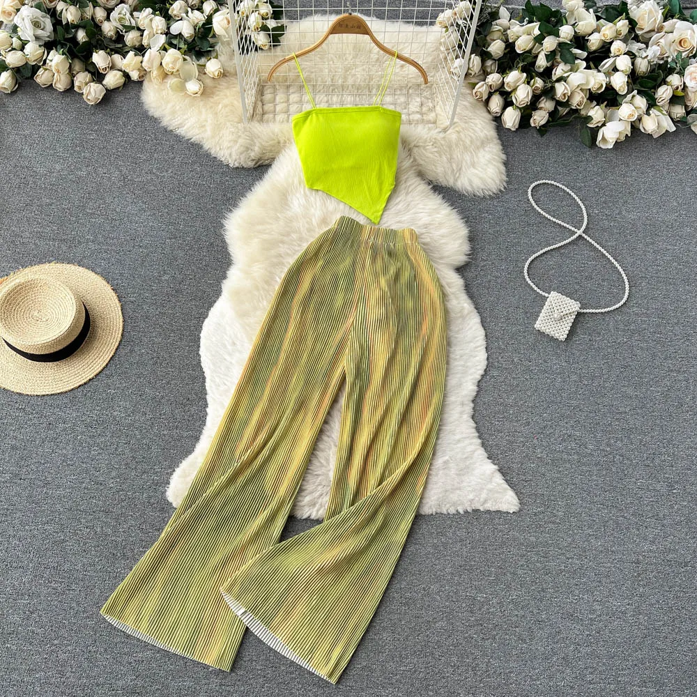Conjunto de 2 piezas para mujer, Top corto con tirantes finos y pantalón, elegante, Floral, informal, para vacaciones en la playa