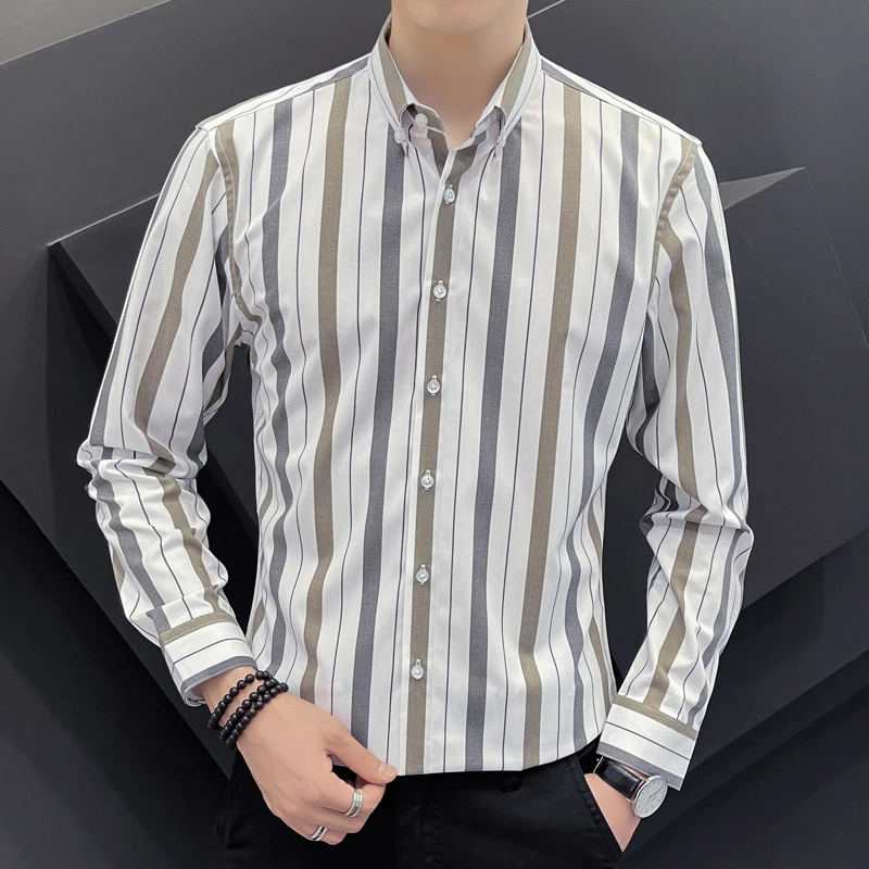 

Men's Long Sve Striped irt Casual Busin Faion Korean Sle No Ironing High End Youth luar Polyester Blend Spring
