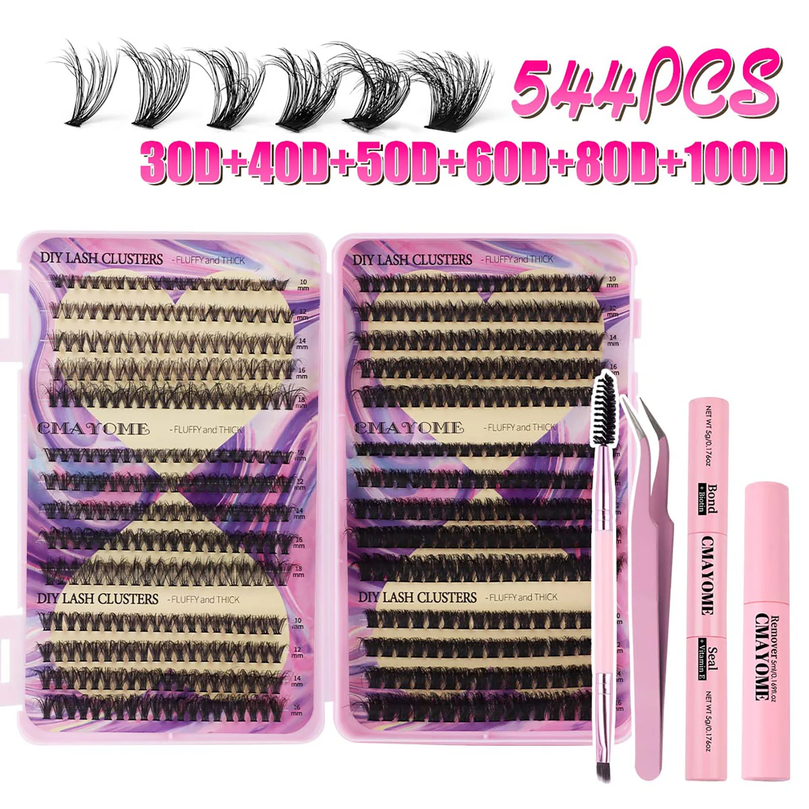 544 Stuks Cluster Wimpers Extensie Voor Professionals Make-Up 30d-100d Pluizig Volume Lash Cluster Set Bond En Seal Wimper Gereedschap Kit