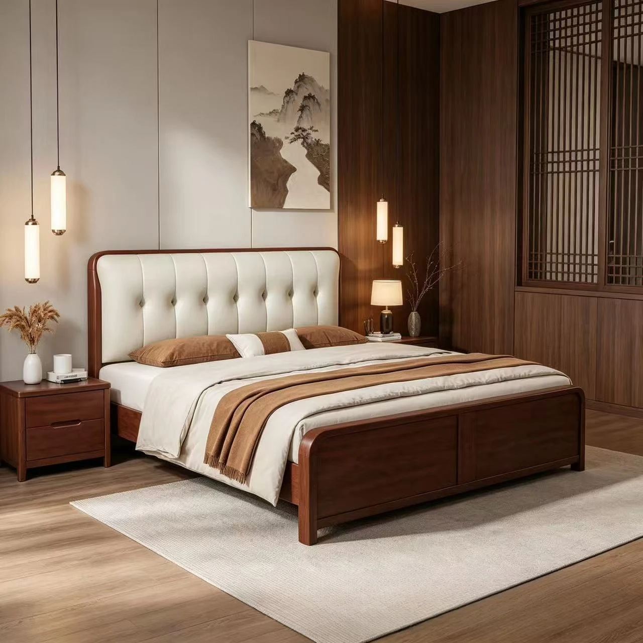 Full rounded corner bedside solid wood bed anti-collision whole thickened solid wood full bed silent wedding bed
