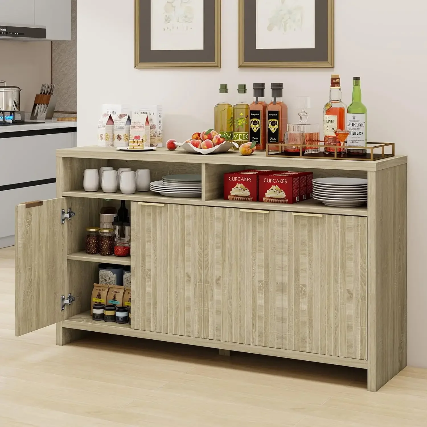 Gabinete de almacenamiento, aparador estriado, gabinete de buffet de madera con almacenamiento, consola de gabinete de TV/bar de café para cocina