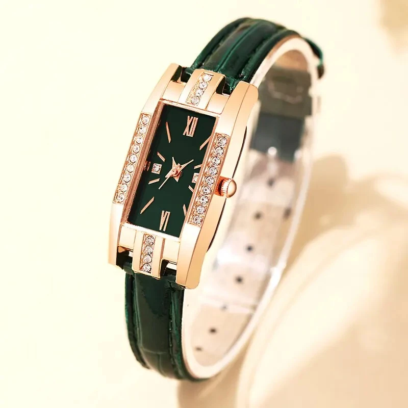 Womens Watches Fashion Square Ladies Quartz Watch Bracelet Set Green Dial Simple Leather Luxury Women Watches