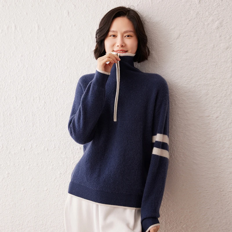 

New Style Turn-Down Collar Drop Shoulder Cashmere Sweater for Women Loose Casual Half-Zip Base Shirt Inner Wear Sweater