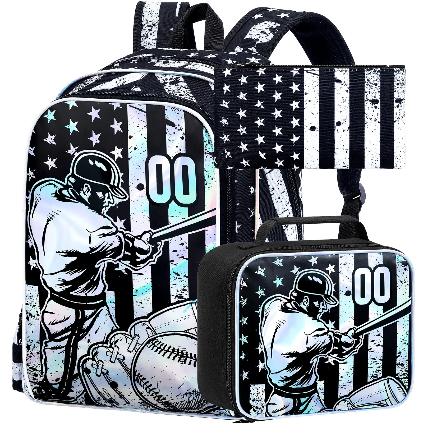 

3PCS Backpacks for Boys, 16" Kids Bookbag Water Resistant for Boy, Lightweight Backpack with Lunch Box -Flag baseball