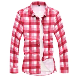 Large Size 7XL Male Long Sleeve Plaid Shirt Red / White Fashion Men Business Social Wedding Party Casual Dress Shirts