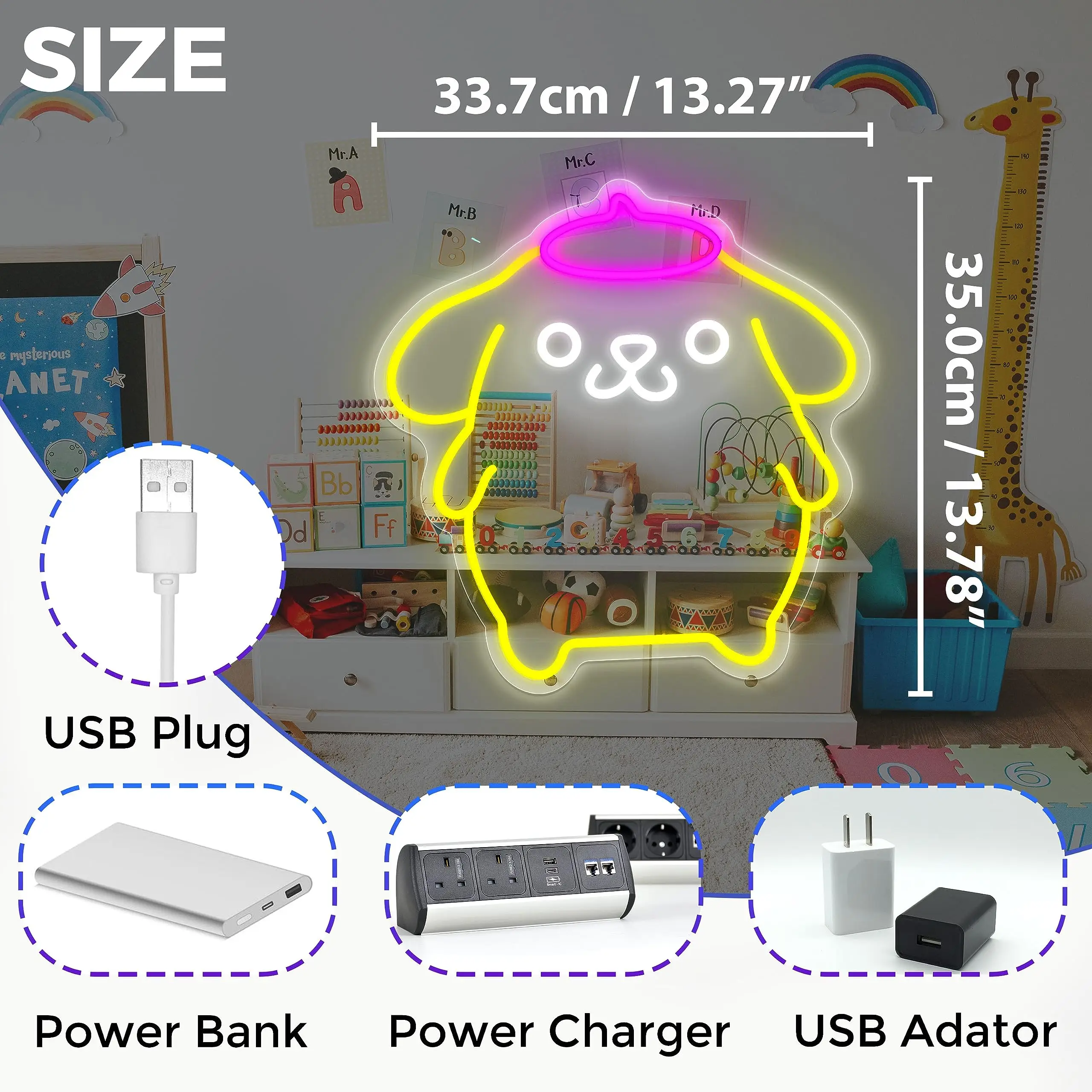 Anime Neon Sign para Wall Decor, Pom Purin, Luz de néon para quarto, Sala de jogos, Lâmpada para cães dos desenhos animados, Luz noturna