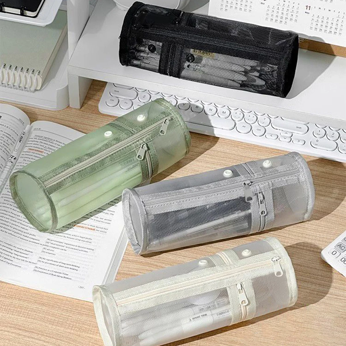 Einfaches zylindrisches Netz-Federmäppchen, transparente Aufbewahrungstasche für Schreibwaren, vertikale Schreibtisch-Aufbewahrung für Kleinkram, DIY-Geschenk für Pa