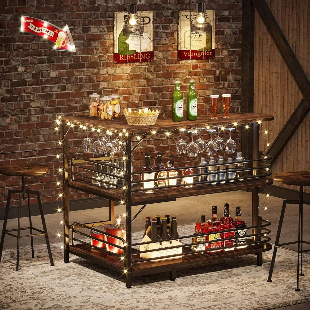 Shaped Home Bar Unit, 3 Tier Liquor Bar Table with Storage Shelves and Wine Glasses Holder