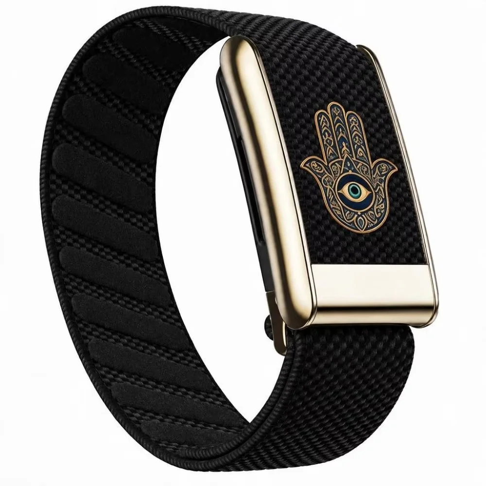 Compatible with WHOOP 5.0 MG Hand of Fatima Print Nylon Woven Elastic Replacement Wristband Metal Sport Strap