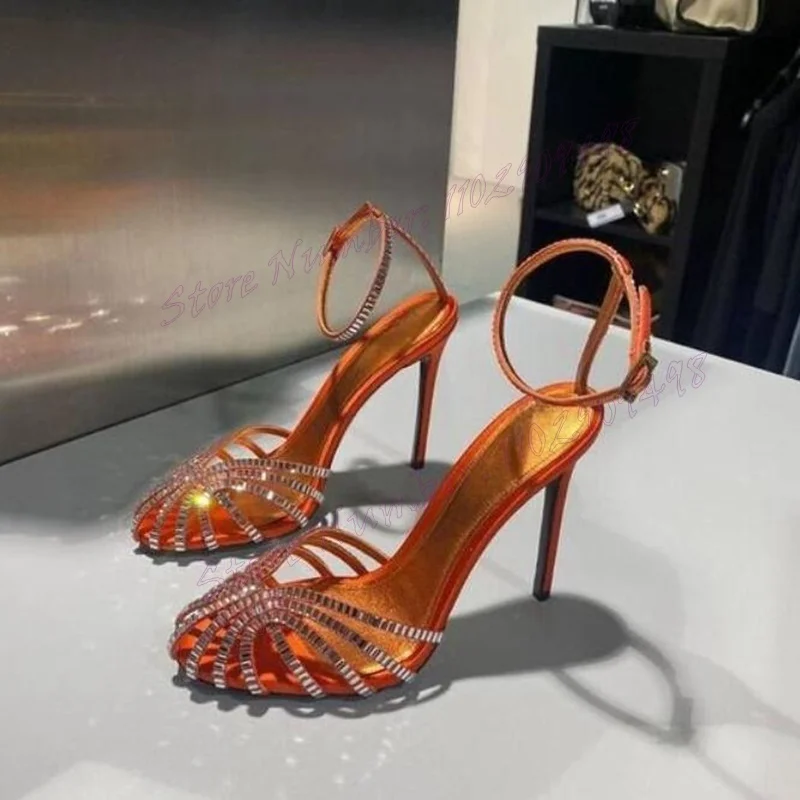 Red Crystal Round Toe Luxury Sandals Back Strap Hollow Out Shoes for Women Stilettos High Heels Shoes 2024 Zapatos Para Mujere