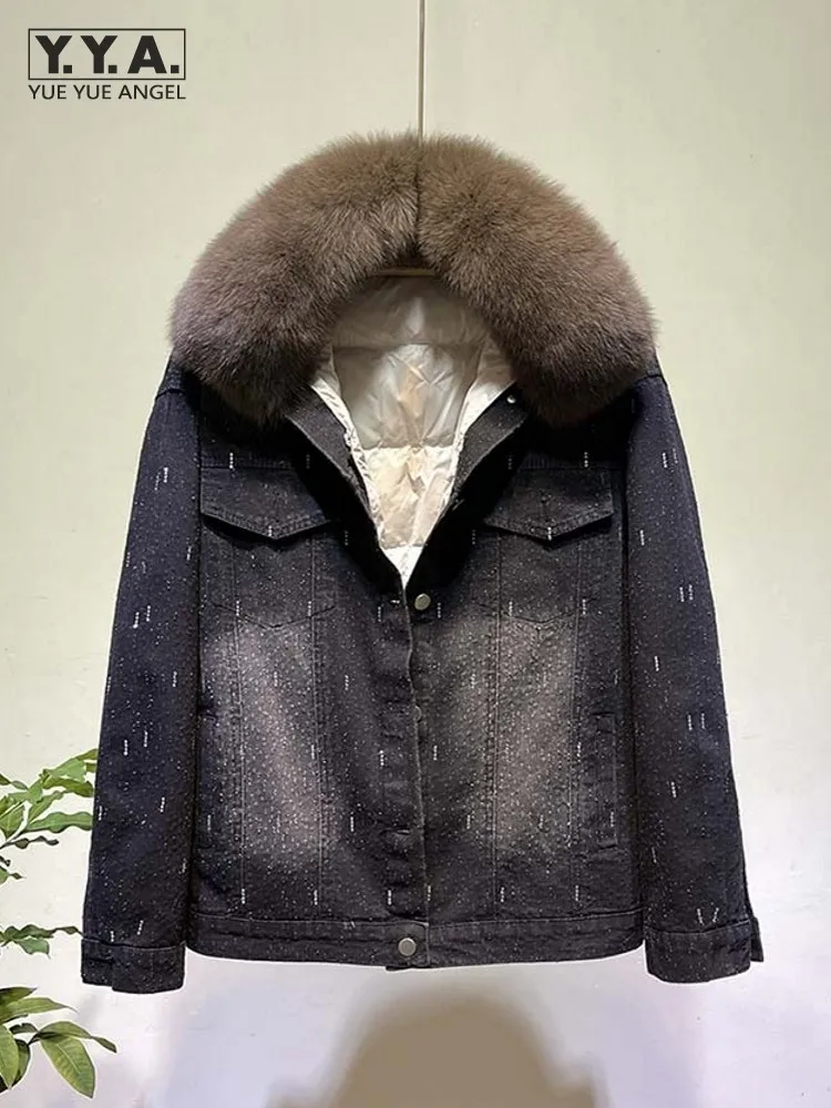 

Женское пальто средней длины с воротником из лисьего меха, свободная короткая верхняя одежда, однобортная джинсовая куртка-пуховик, зимнее шикарное пальто с длинными рукавами