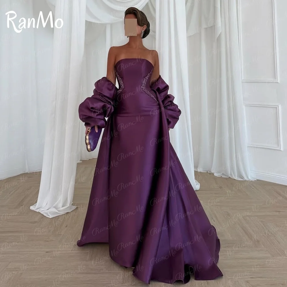 Ranmo Customized Exquisite Strapless Sleeveless Evening Dress Off Shoulder Satin Prom Dresses Delicate Crystal Bridal Party Gown
