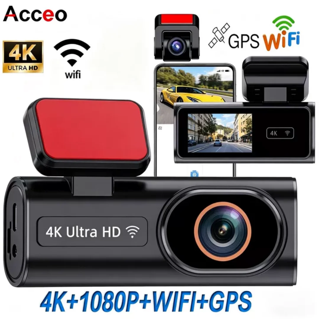 

Acceo 4K Ultra HD Dash Cam Front Rear 1080P WiFi GPS Car DVR Video Vision 24H Parking Monitor Loop Recording Black Box for Cars