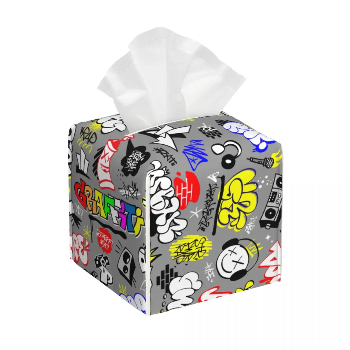 

Custom Rap Music Street Style Lettering Graffiti Art Tissue Box Holder Square PU Leather Facial Tissue Box Cover for Car Office