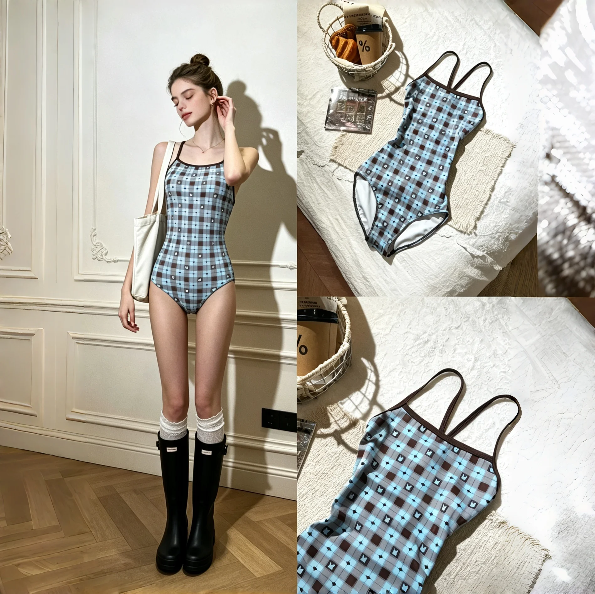 Professional Speed Swimming Suit Women's One-Piece Competition Swimwear Training Suit Leica Single- Layer Plaid Rabbit Design