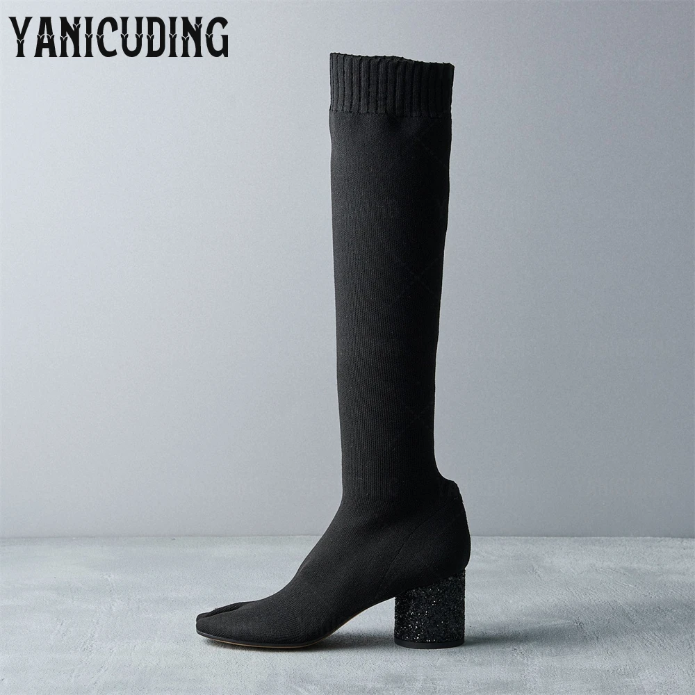 Woven Knee-High Tabi Boots Glitter-Covered Cylindrical Heel Sock Boots Split Toe White Stitching over the Knee Boots for Women