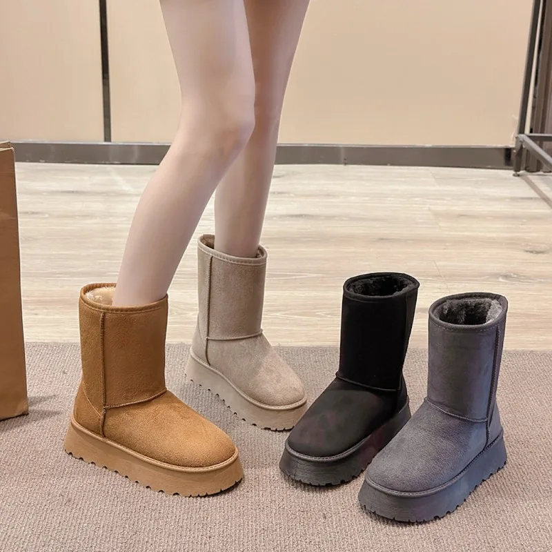 2024 winter new thick-soled and fleece snow boots round head fashion set feet in mid-barrel cotton shoes