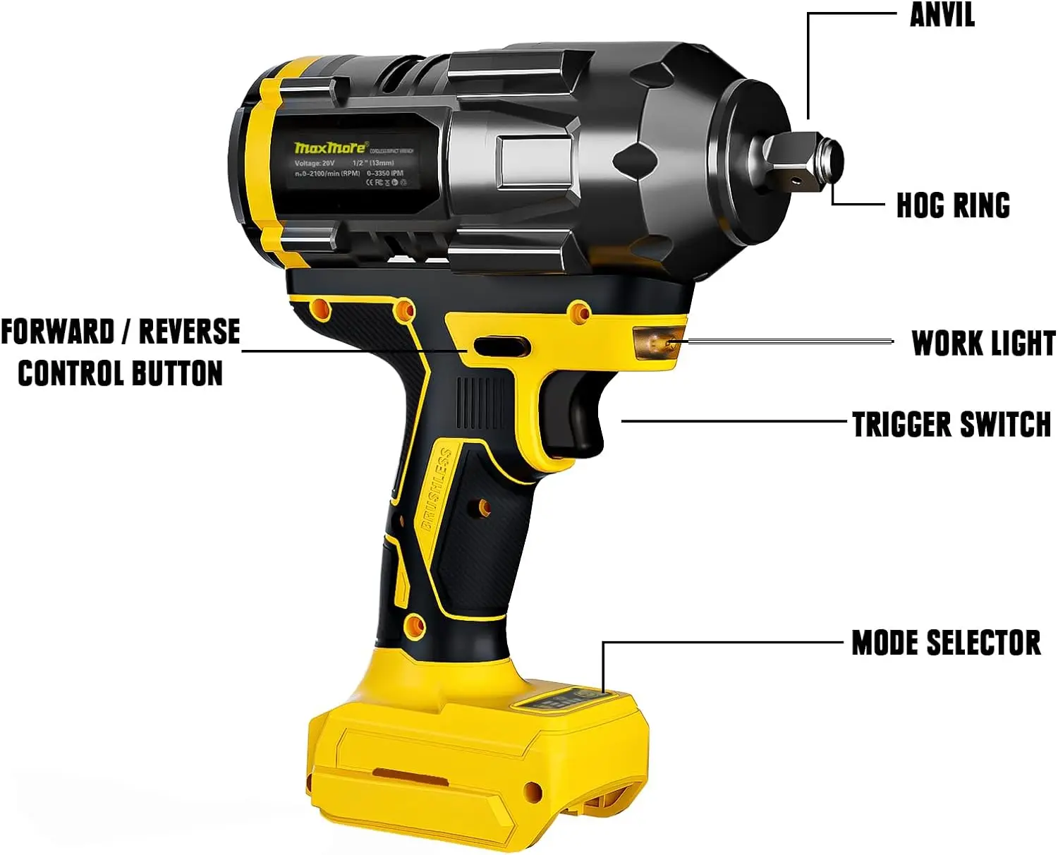 Cordless Impact Wrench Compatible with Dewalt 18V 20V Max Battery (No Battery)Brushless High Torque Impact Gun with Max 627Ft-lb