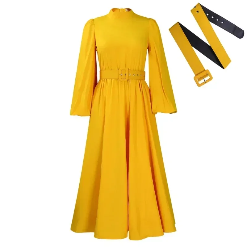 Women Dress A Line Pleated Mock Neck 3 4 Sleeves Elegant Office Ladies Work Wear Classy Church Female African Gowns Spring New