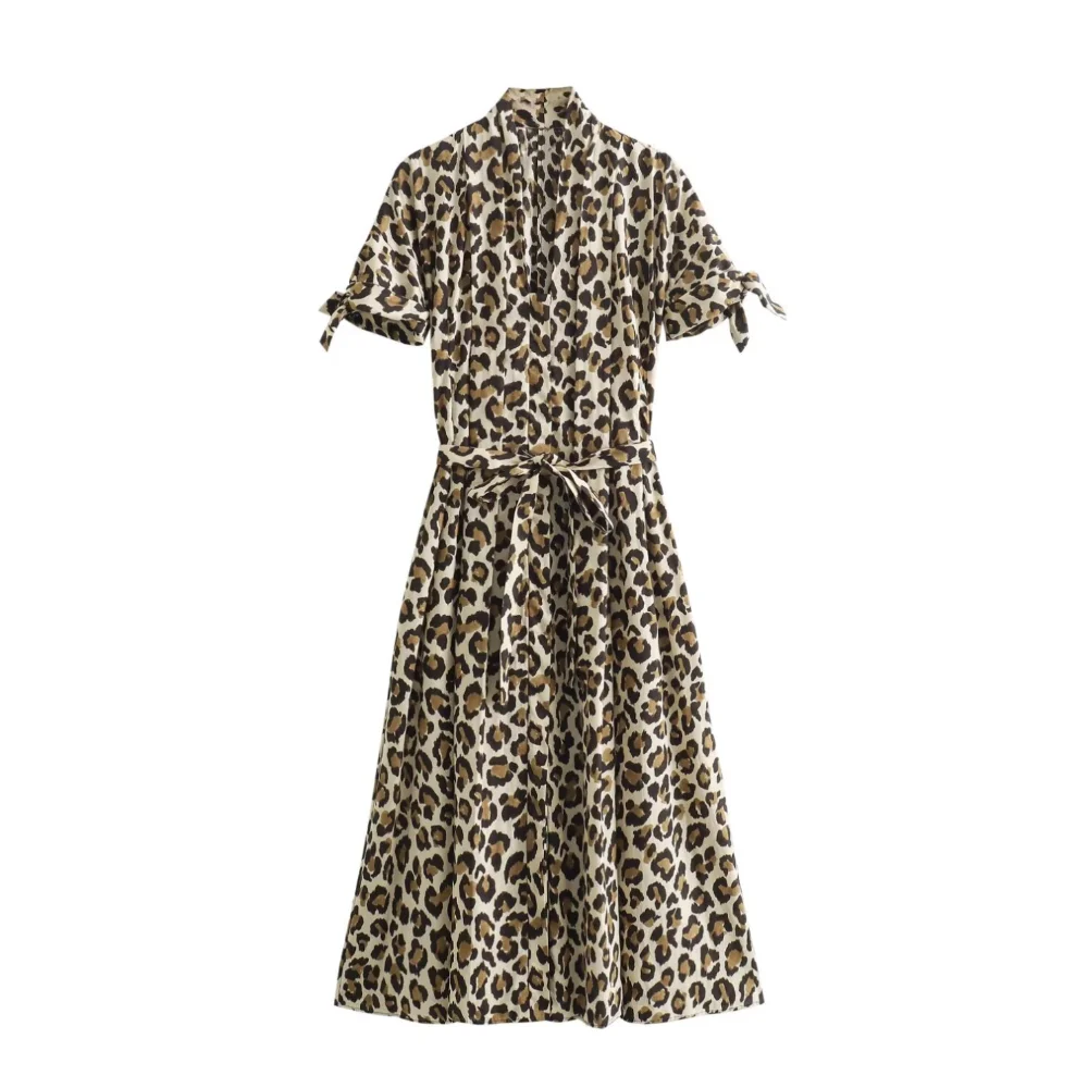 

Foamlina 2024 Summer Leopard Print Long Dress Women Elegant V Neck Tie-up Short Sleeve Sash Bow-tied A Line Casual Female Dress