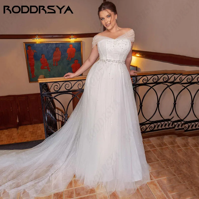 

RODDRSYA Plus Size A-line Wedding Dresses Pearl Off Shoulder Tulle vestidos de novia Sleeveless Lace Up Backless Bridal Party