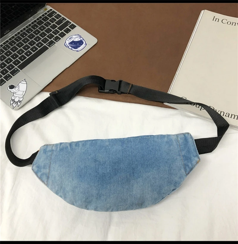 2023 Women\'s Vintage Waist Bag Shoulder Bag Casual Solid Crossbody Bag Female Washed Denim Chest Bag Waist Pack